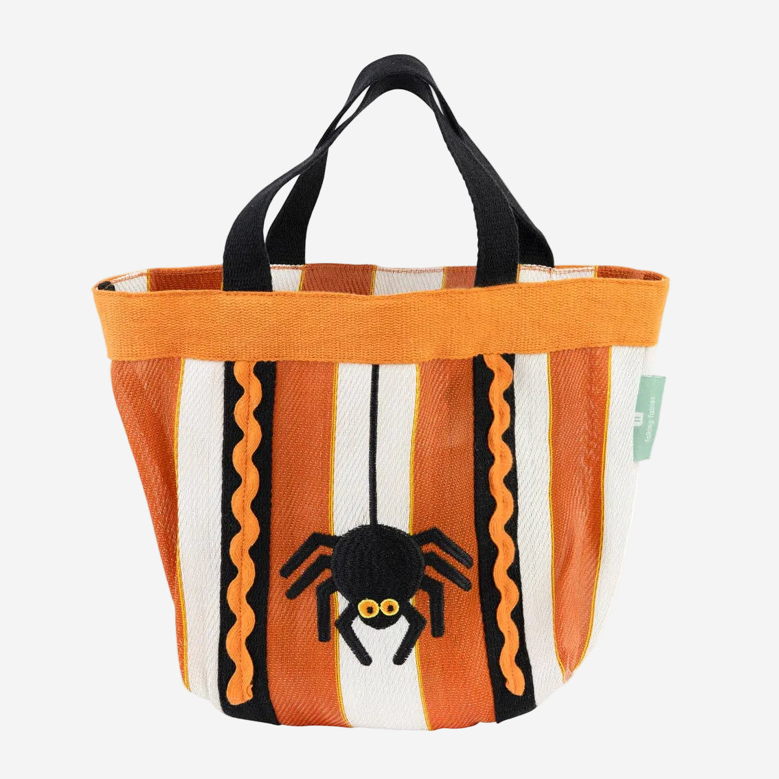 Halloween-themed tote bag with a spider design on an orange and white striped background.