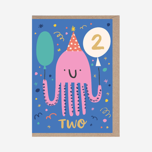 Children's birthday card with a pink octopus, balloons, and the number '2' on a blue background.