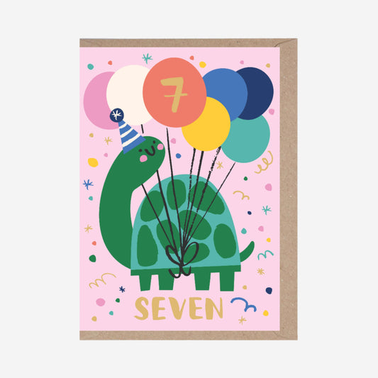 Age 7 Birthday Card – Turtle Theme – Number Card for Children – Seven Years Old
