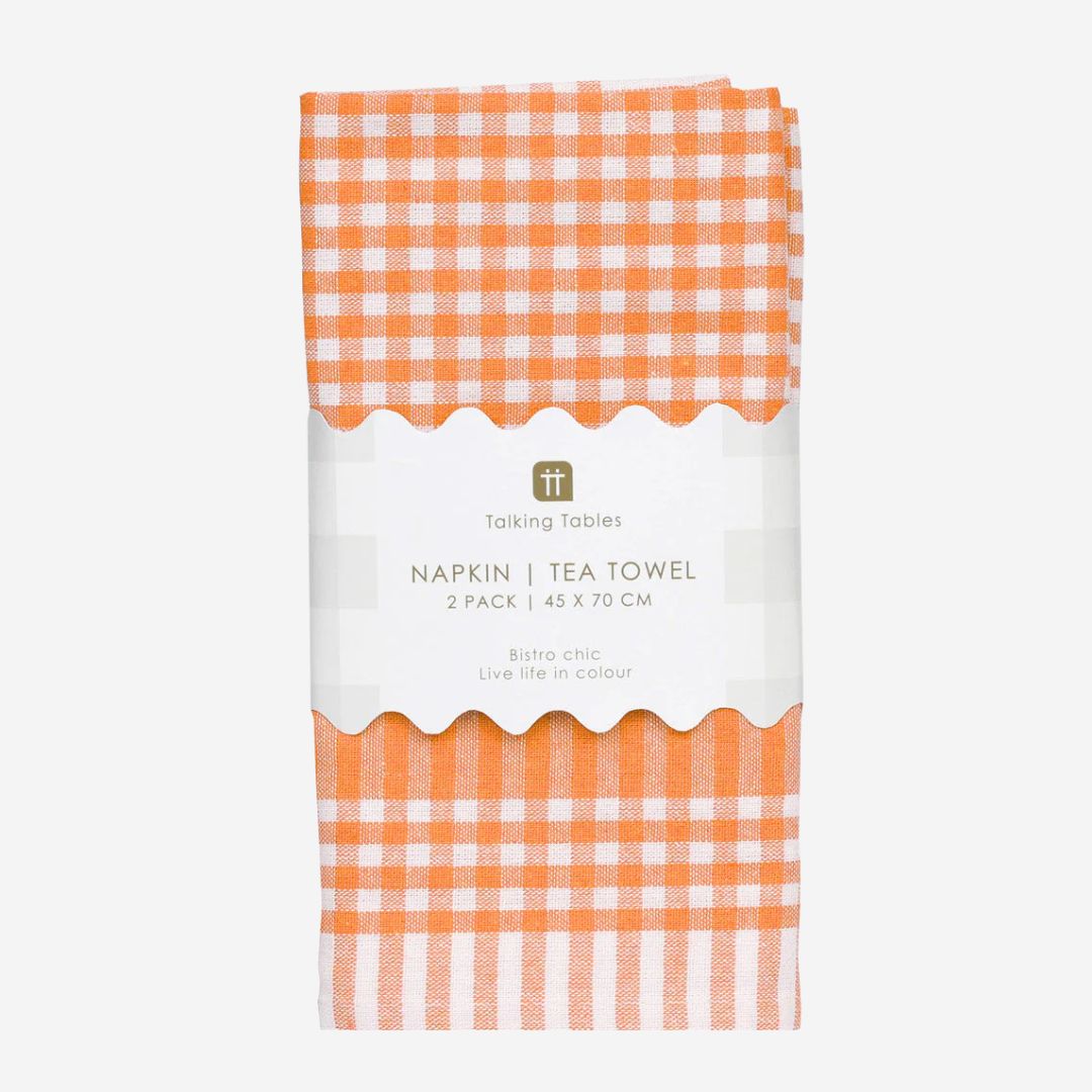 Orange & White Fabric Gingham Napkins/Tea Towels - 2 Pack