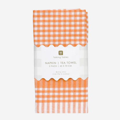 Orange & White Fabric Gingham Napkins/Tea Towels - 2 Pack