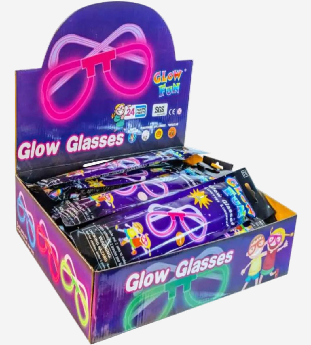 A retail display box filled with glow-in-the-dark novelty glasses packets, shown on a plain white background. The packaging features bright neon-style illustrations of glasses in pink, green, yellow, and blue, along with the text 'Glow Glasses' and 'Glow Fun'.