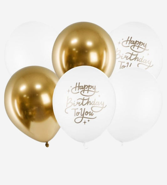Happy Birthday 11" Gold & White Latex Balloons – Pack of 6 (Deflated)