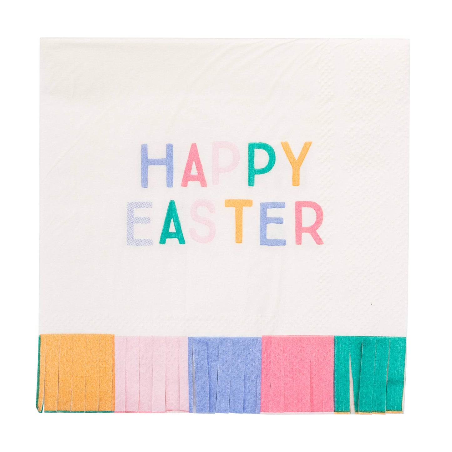 Colorful 'Happy Easter' text on a white background with a striped border.