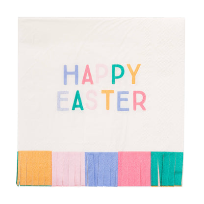 Colorful 'Happy Easter' text on a white background with a striped border.