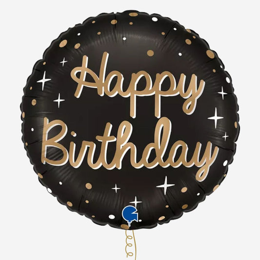 Black and Gold Happy Birthday Inflated 18" Round Foil Balloon