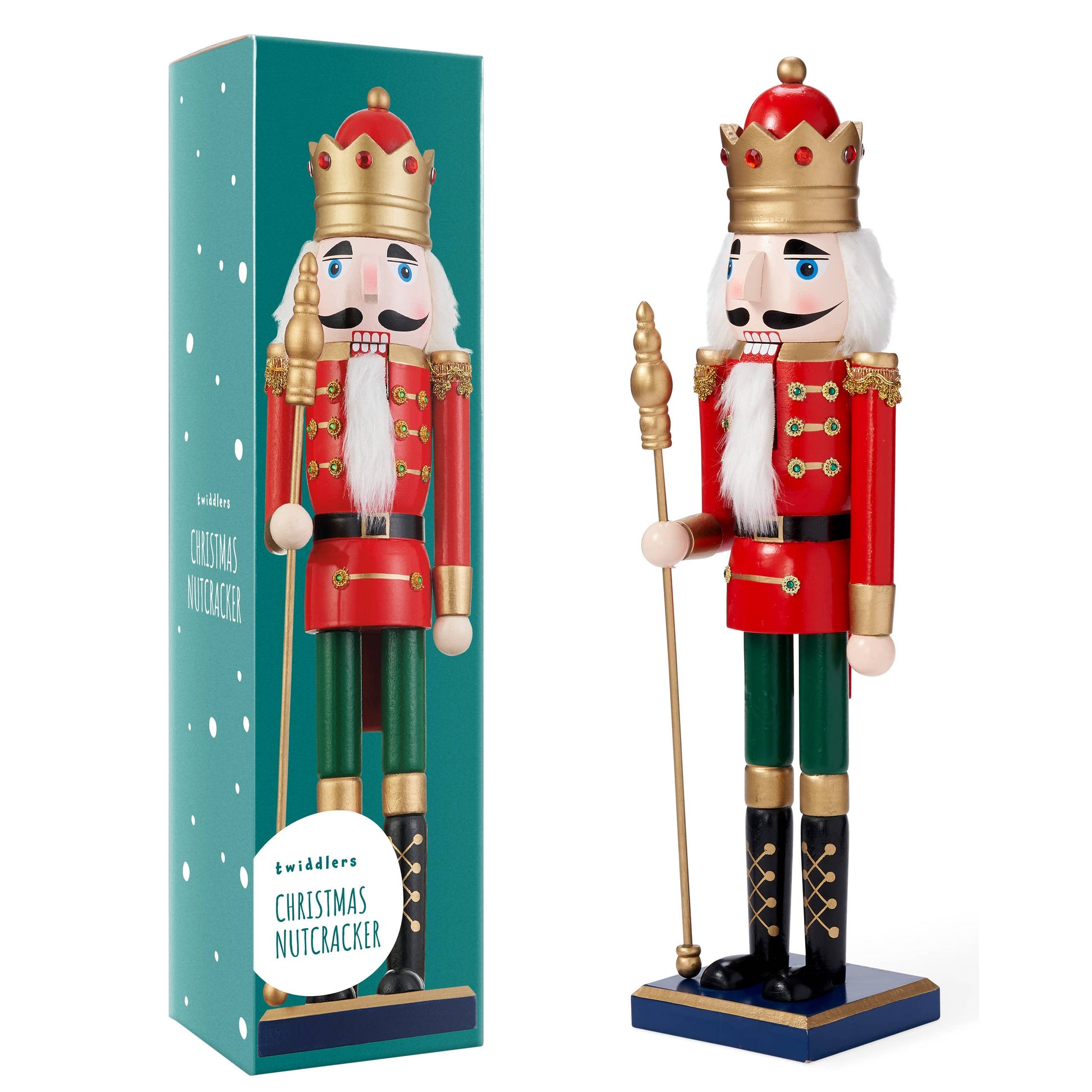 Christmas nutcracker figurine with a matching box on a white background