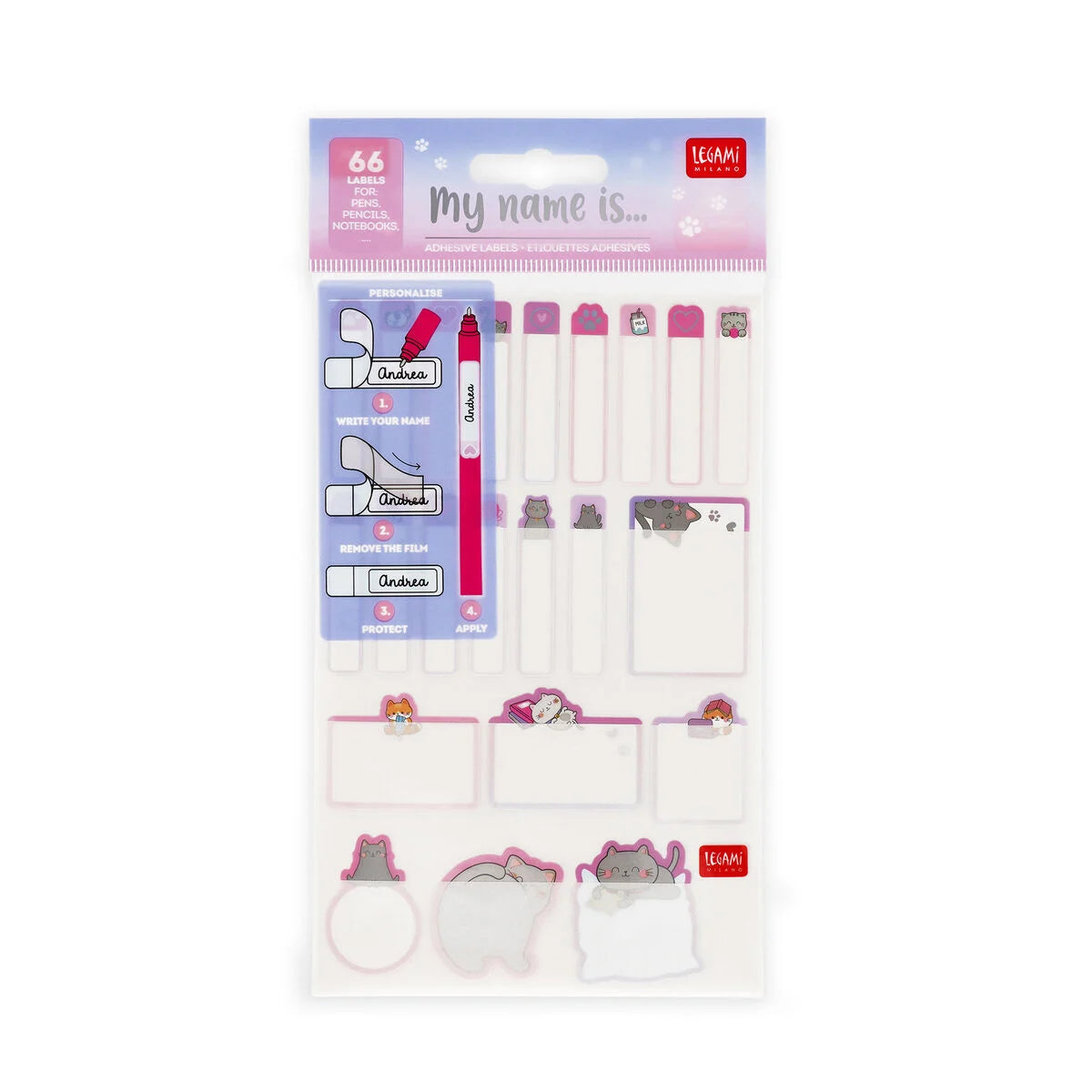 Packaged stationery set with name tags and markers on a white background