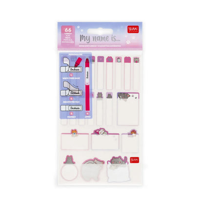 Packaged stationery set with name tags and markers on a white background
