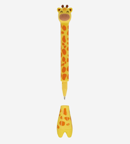 Giraffe-shaped pen with a matching yellow stand on a white background
