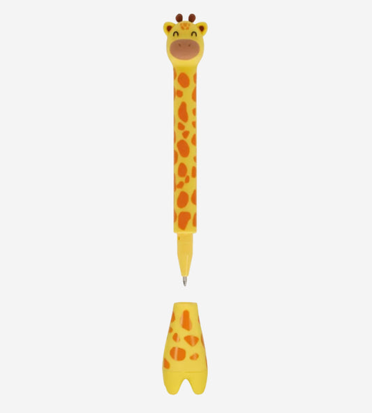 Giraffe-shaped pen with a matching yellow stand on a white background