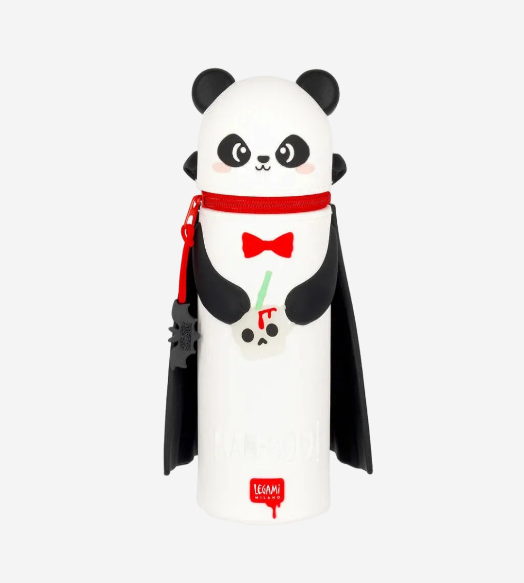 A white insulated water bottle with a cute panda character designed as a vampire, featuring a black cape, red collar, red bow tie, and a skull accessory, on a plain white background.
