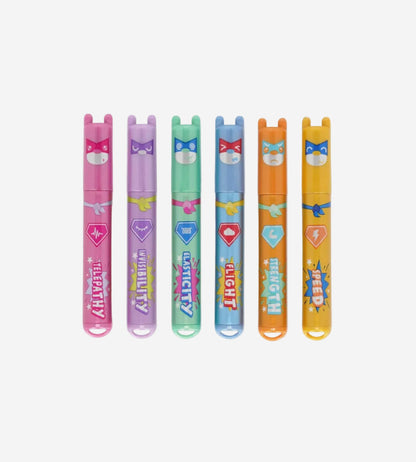 Set of colorful superhero-themed highlighters on a white background