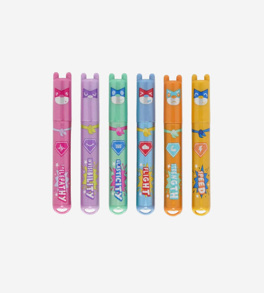 Set of colorful superhero-themed highlighters on a white background