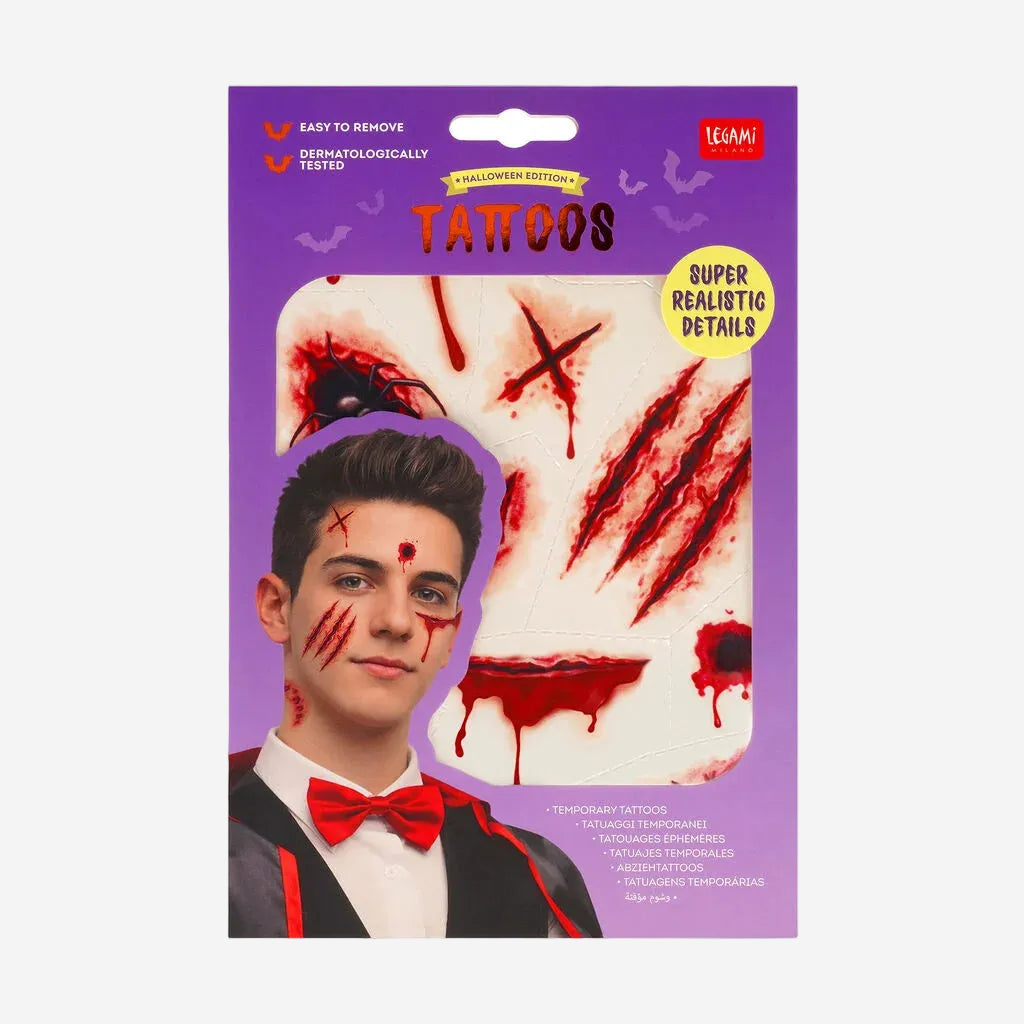 Packaged temporary Halloween blood tattoos featuring realistic scratch and bite designs, with a model illustration showing the temporary tattoos applied to the face.