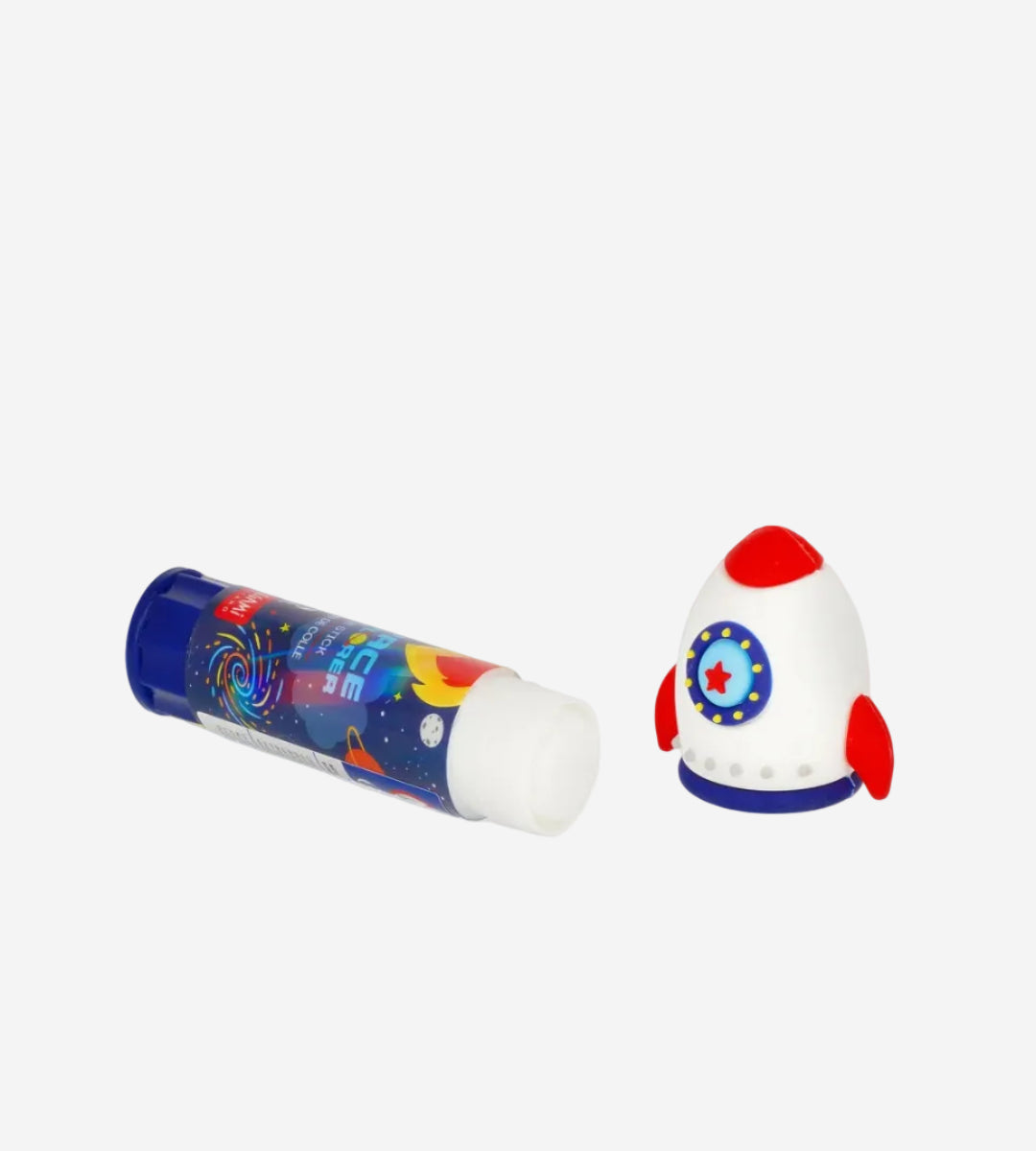 Toy rocket and space-themed marker on a white background
