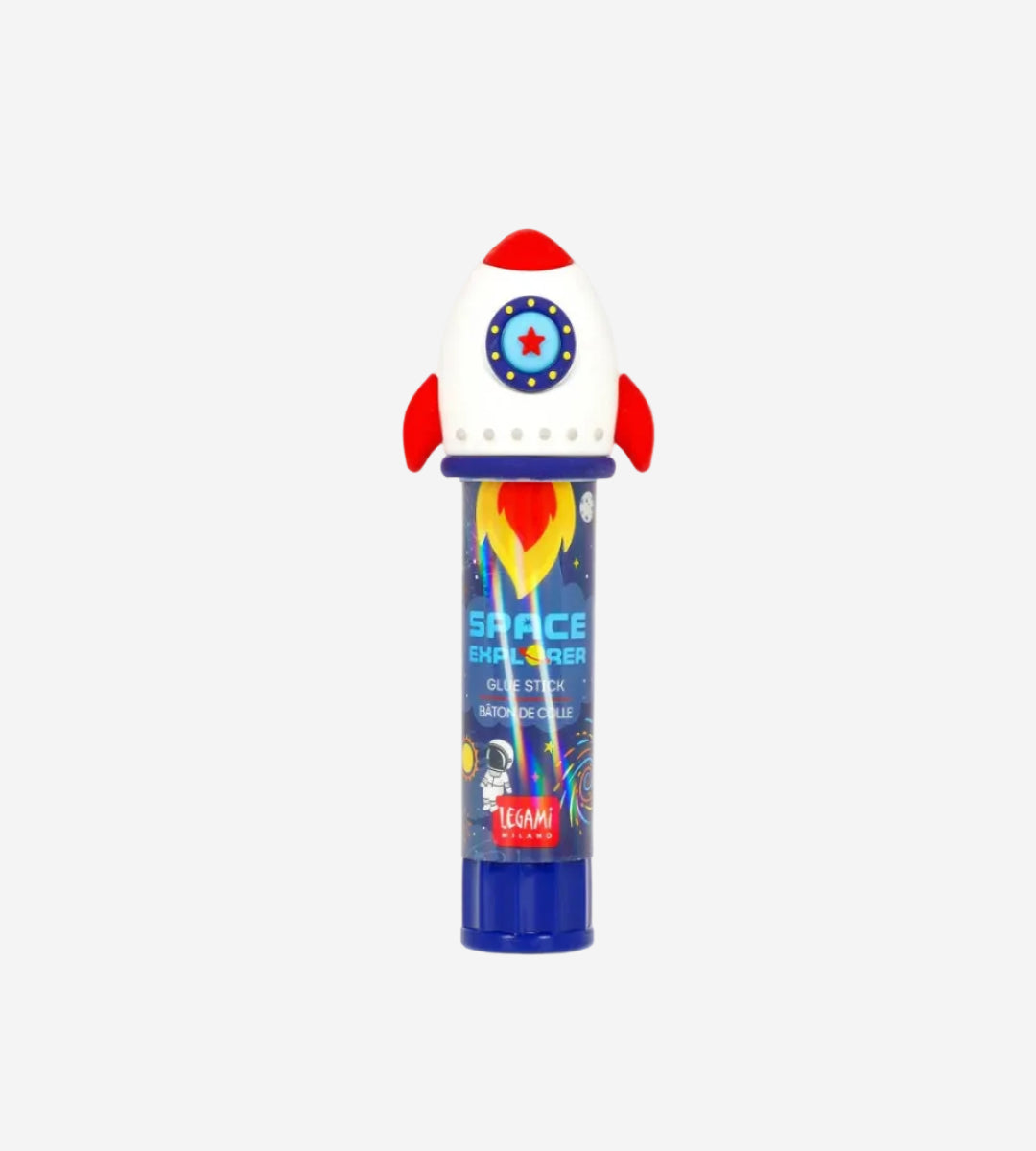 Space-themed glue stick with rocket design on a white background