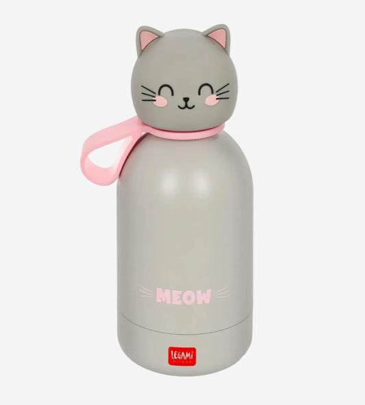 Cat-shaped water bottle with pink accents on a white background