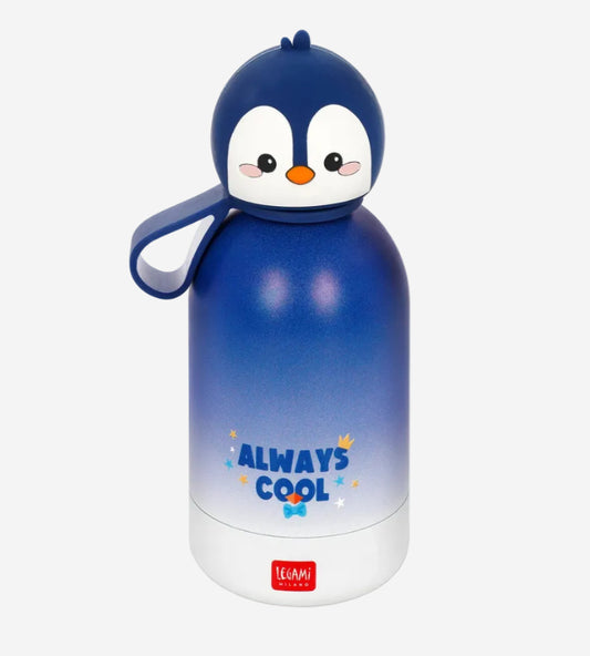 Blue penguin-themed water bottle with 'Always Cool' text on a white background
