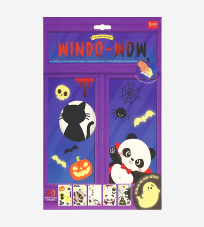 A package of Halloween-themed 'Window Wow' stickers featuring a purple background with cartoon ghosts, bats, a pumpkin, and a witch.