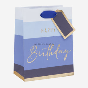 Medium Happy Birthday Blue Stripe Gift Bag