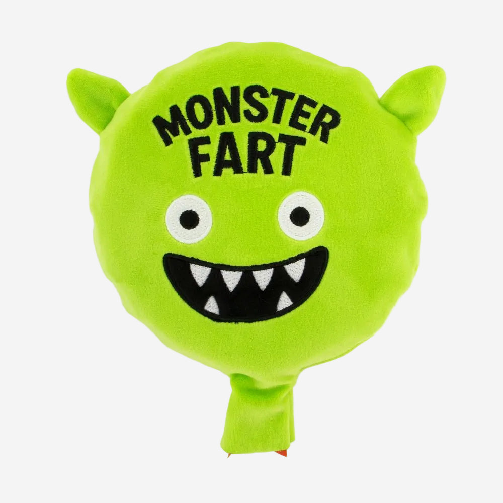 Green inflatable balloon with monster face and 'Monster Fart' text on a white background