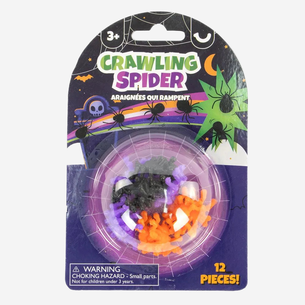 Packaged Halloween toy set labeled 'Crawling Spider' with a blister pack containing multiple small spider-shaped pieces in black, purple, and orange on a printed retail card.