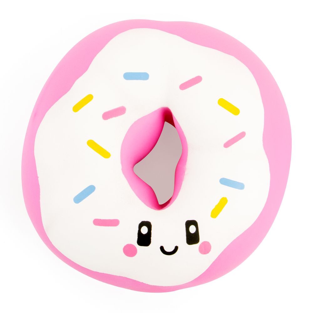 Donut-shaped object with a face and colorful sprinkles on a white background