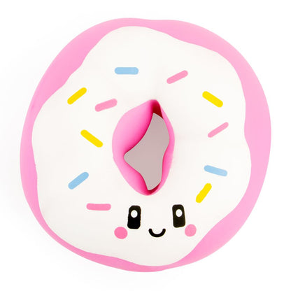 Donut-shaped object with a face and colorful sprinkles on a white background