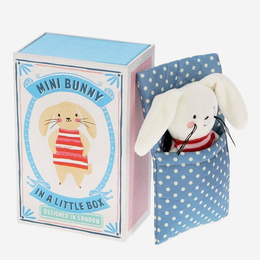 Plush bunny in a polka dot box with packaging labeled 'Mini Bunny in a Little Box'.