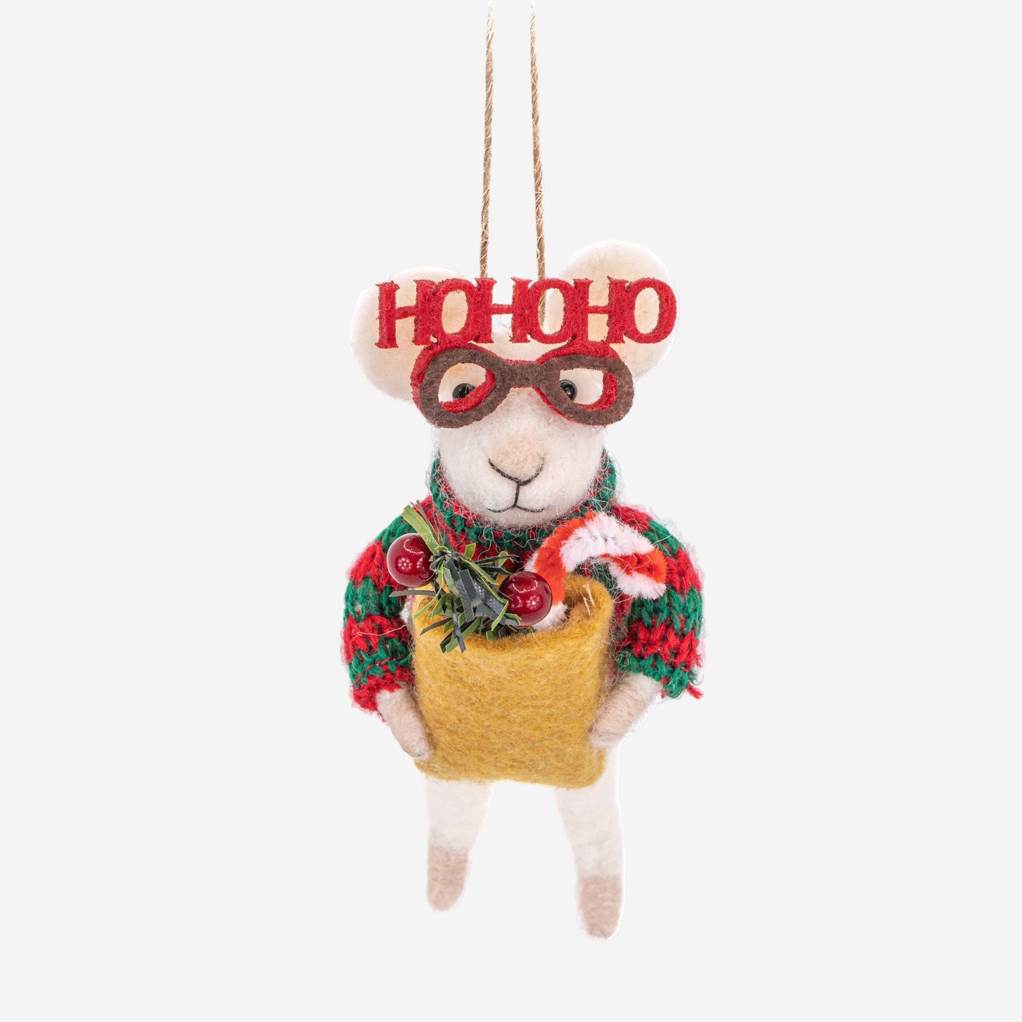 Christmas ornament of a mouse wearing a sweater, mask, and holding candy canes on a white background.
