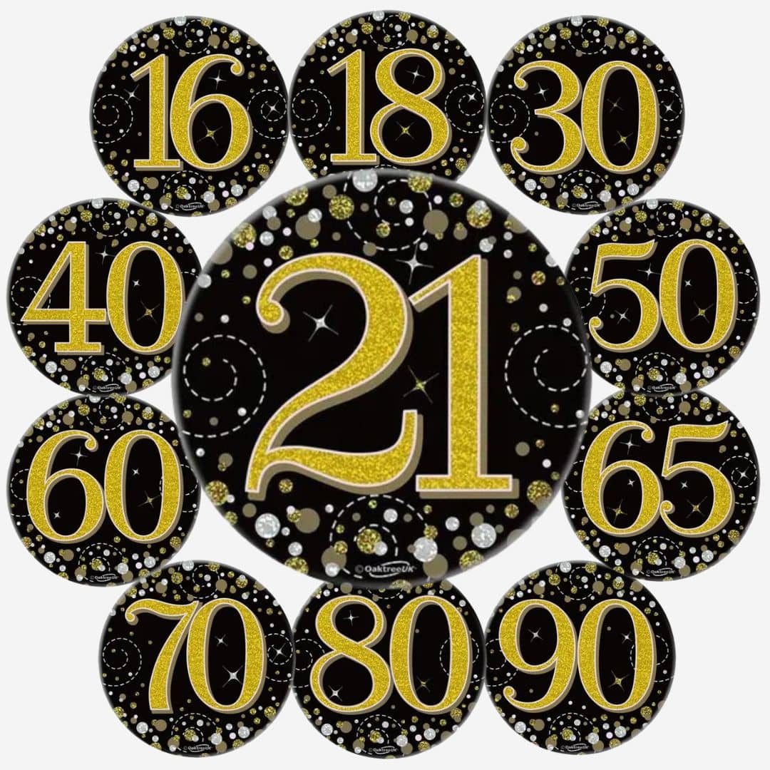 Birthday Ages Sparkling Fizz Holographic Party Badge - Black Gold