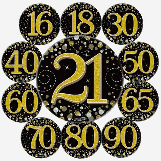 Birthday Ages Sparkling Fizz Holographic Party Badge - Black Gold