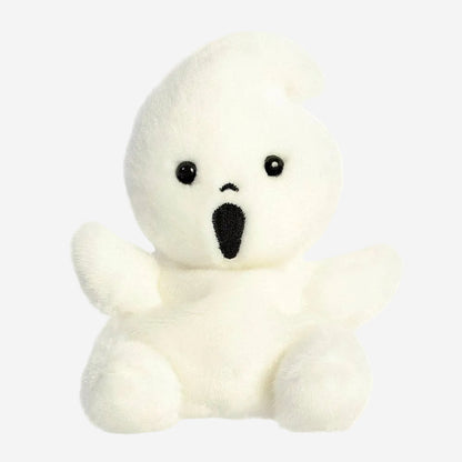 Small white plush toy with black eyes and nose on a white background