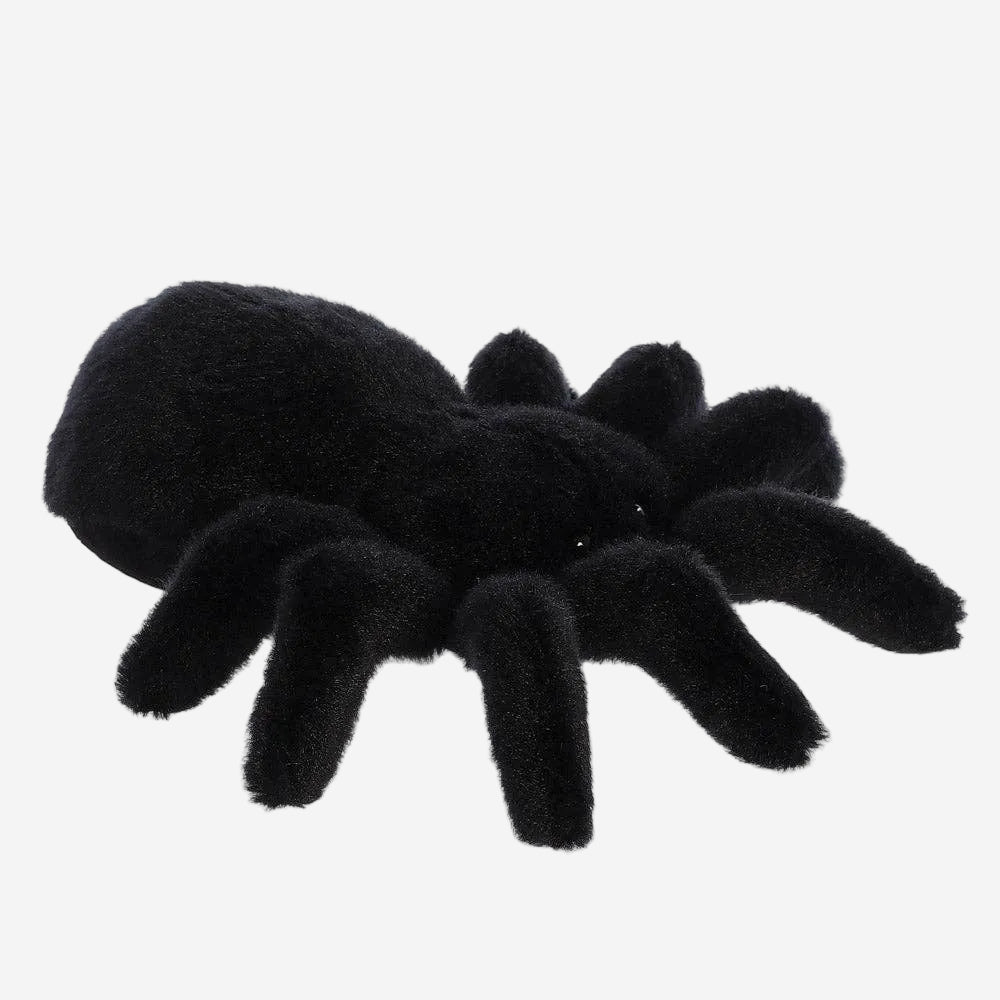 A black plush spider toy or decorative spider figure with a fuzzy, soft texture, shown on a plain white background.