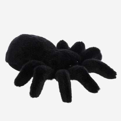 A black plush spider toy or decorative spider figure with a fuzzy, soft texture, shown on a plain white background.