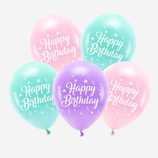 10" Happy Birthday Pink Mix Eco Latex Balloons - Pack of 5 Deflated