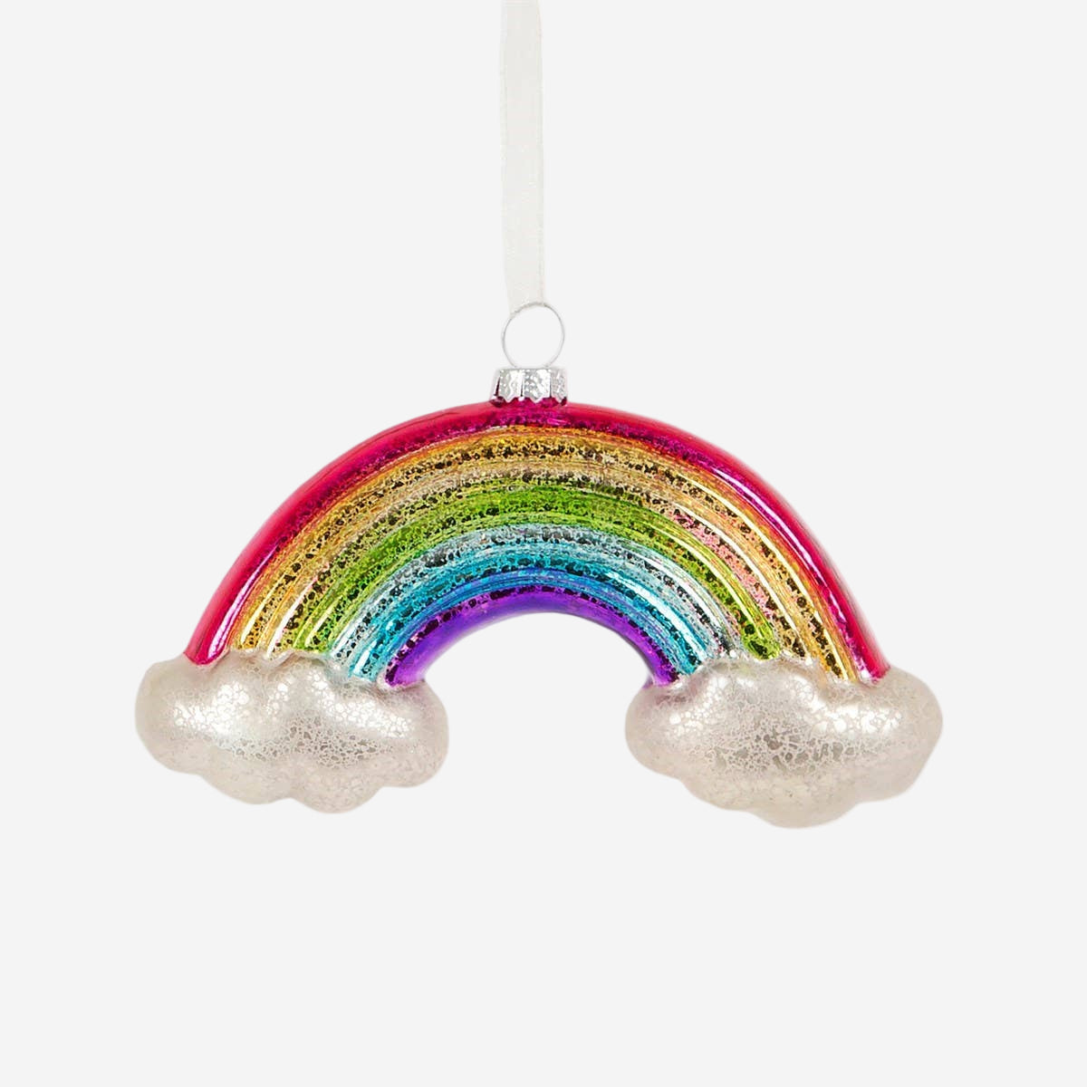 Decorative rainbow ornament with clouds on a white background