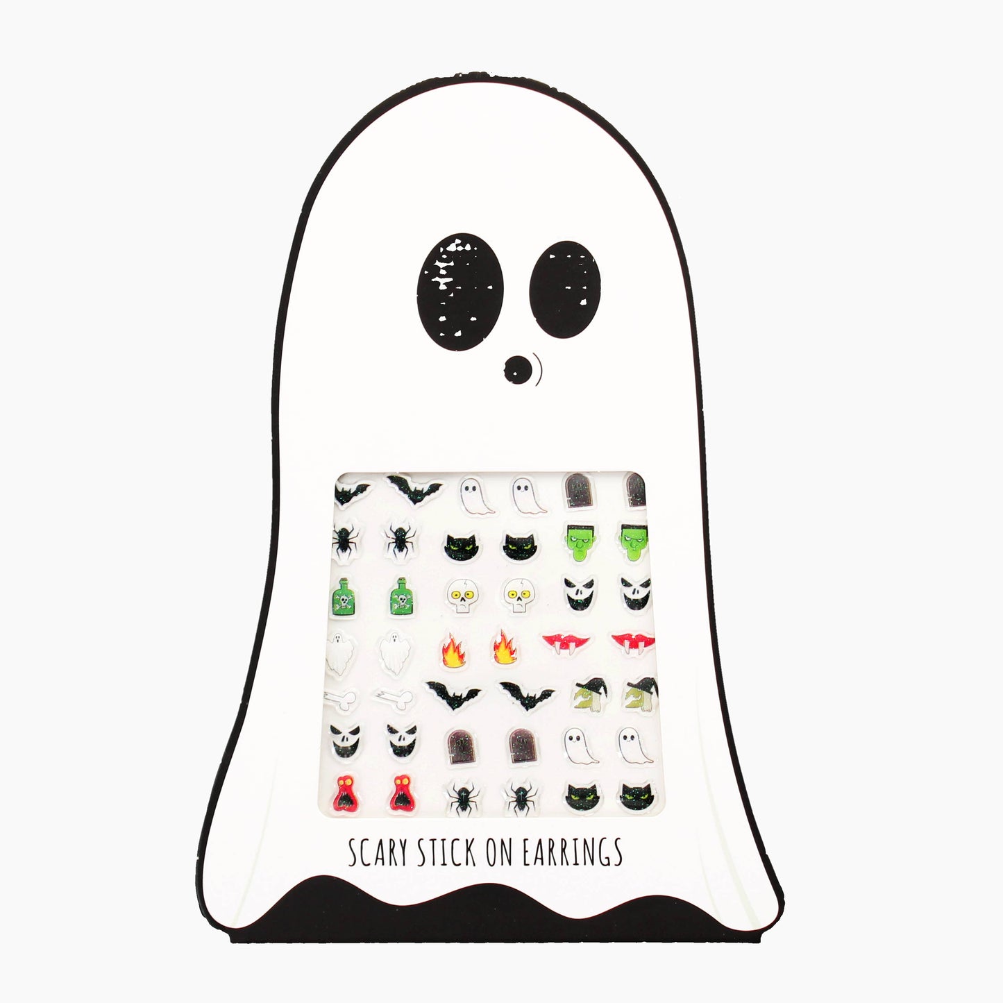 Ghost-shaped packaging with a display of Halloween-themed stick-on earrings on a white background