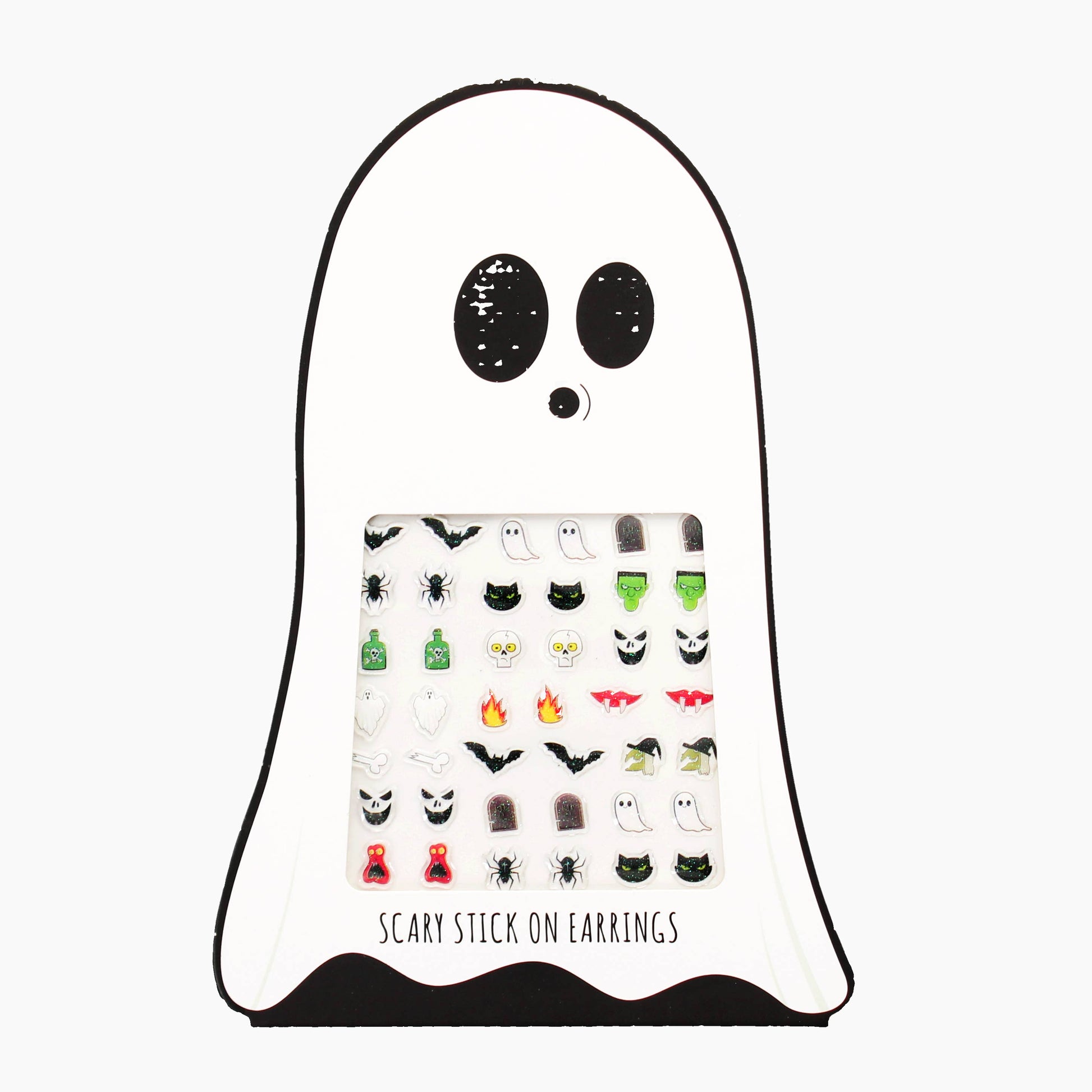 Ghost-shaped packaging with a display of Halloween-themed stick-on earrings on a white background