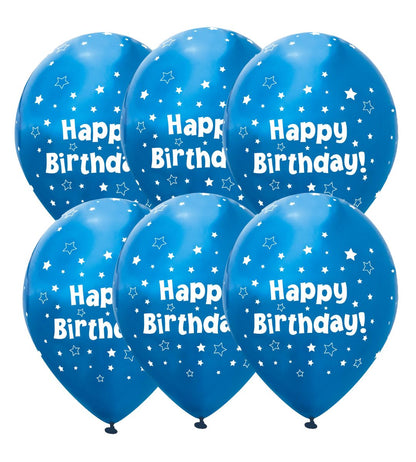 Pack of 6 Metallic Blue Happy Birthday Latex Balloons