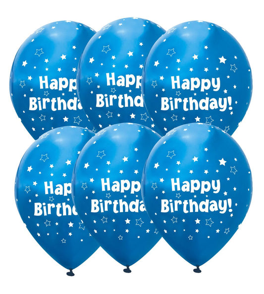 Pack of 6 Metallic Blue Happy Birthday Latex Balloons