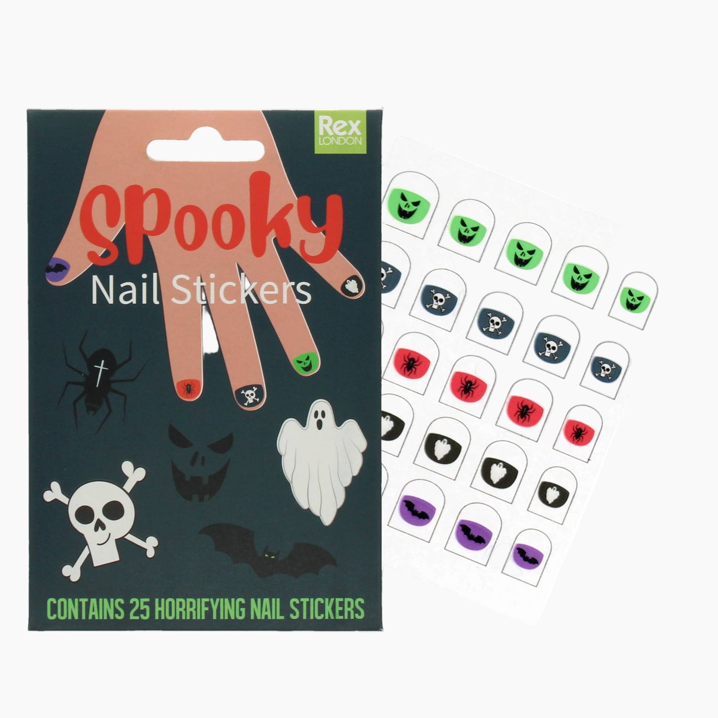 Halloween-themed nail stickers with packaging featuring a hand and spooky designs.