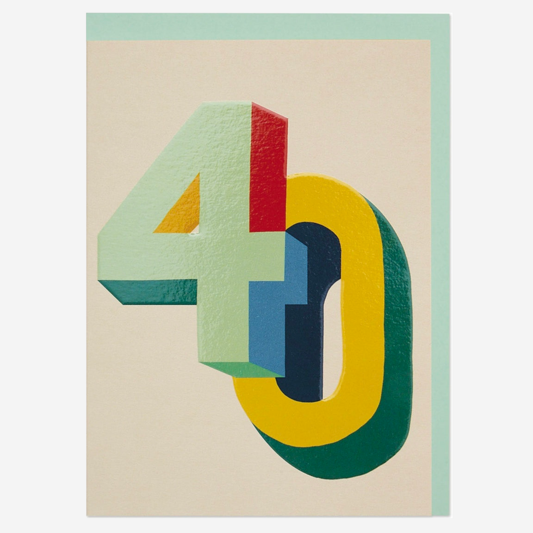 Bright colourful 3D numbers age 40 Birthday Card