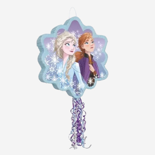 A pull piñata featuring animated characters from the movie Frozen II, with a purple and blue color scheme.