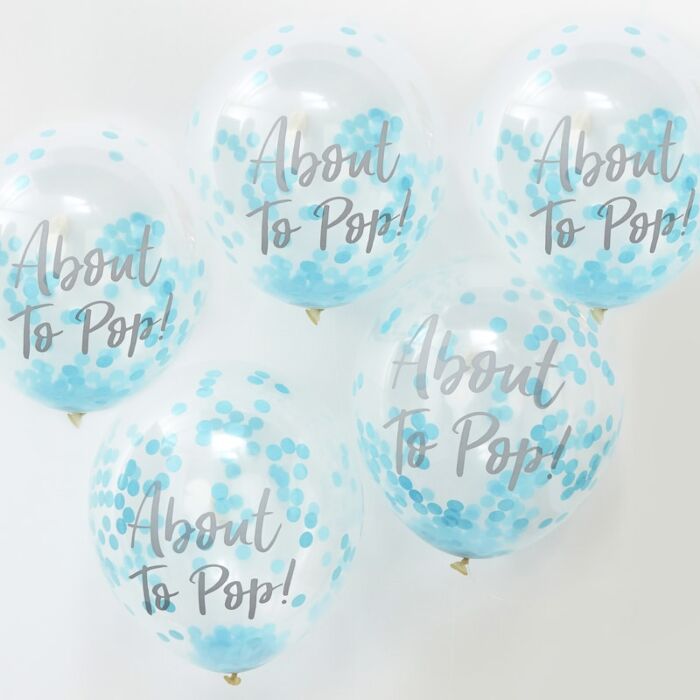 About to Pop Blue Confetti Baby Shower Balloons