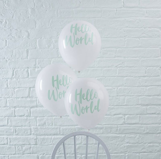 Mint Hello World Baby Shower Balloons