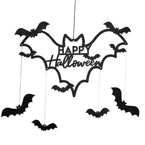 Black Wood Bat Happy Halloween Wreath