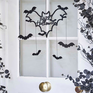 Black Wood Bat Happy Halloween Wreath