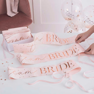 Pink and Rose Gold Team Bride Hen Party Sashes 6 Pack